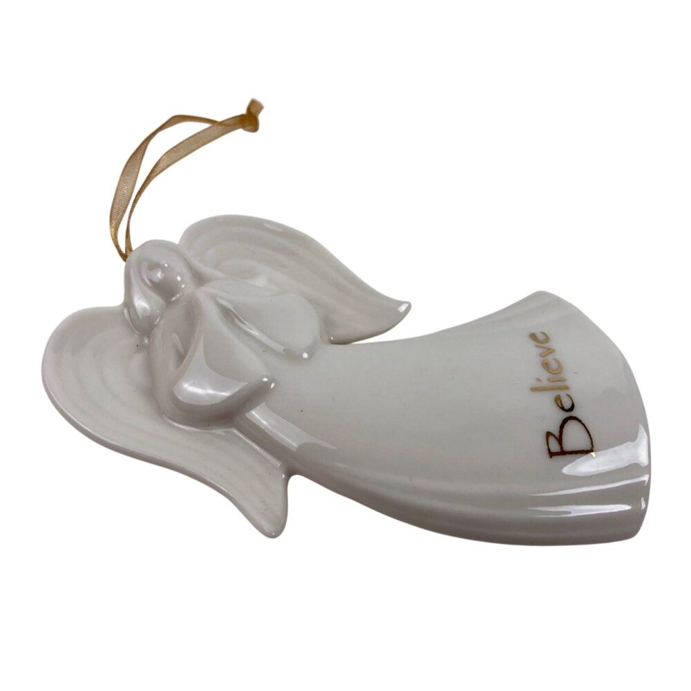 Gund Gifts Believe Angel Ornament Porcelain White Gold Writing Christmas Holiday - Picture 4 of 8